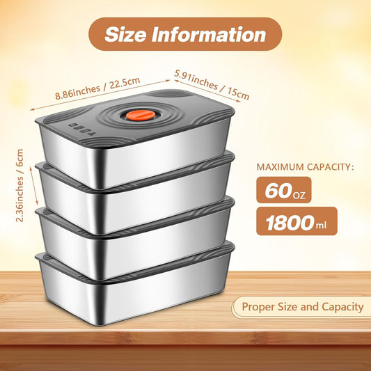 8 Set 60oz Stainless Steel Food Storage Containers Reusable Metal Meat Marinating Container with Lids Fruit Lunch Storage Box for Leftovers,dishwasher and Freezer Safe 1800ml