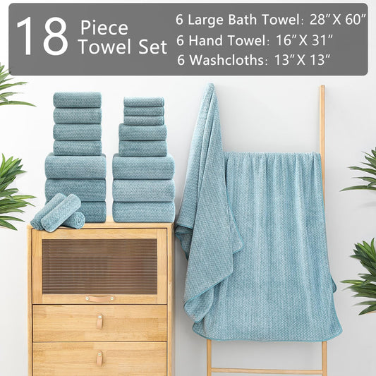 18 Piece Bath Towels Set,100% Microfiber Family Bathroom Towel with Hanging Loops-6 Bath Towels,6 Hand Towels,6 Washcloths,Quick Dry Highly Absorbent Shower Towel for Bathroom,Hotel,Spa-Turquoise