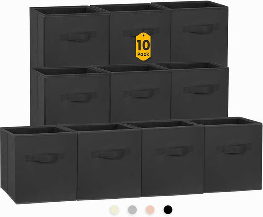 Criusia Storage Cubes, 11 Inch Clothes Storage Bins for Shelves Closet (10 Pack), Fabric Collapsible Storage Bins with Dual Handles, Cubby Storage Baskets Boxes, College Dorm Room Essentials (Black)