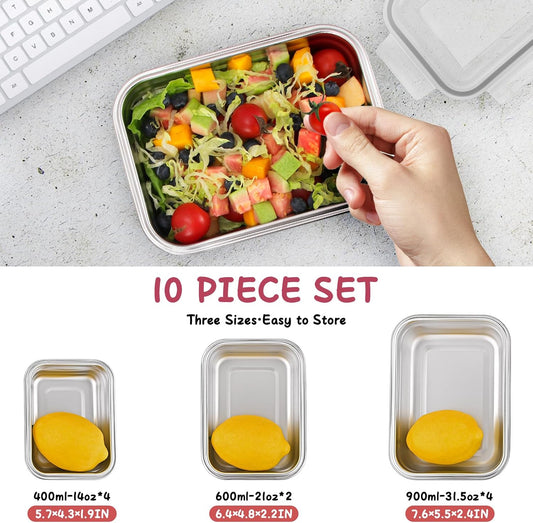 10 PC Square 304 Stainless Steel Food Containers with Lids, Airtight Bento Lunch Box, Metal Meal Prep Food Containers Reusable Stackable | Nestable Oven/Dishwsher/Freezer Safe