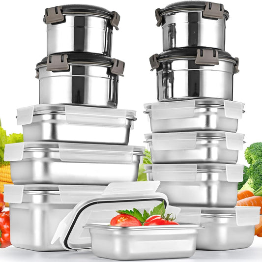 12PC 304 Stainless Steel Food Storage Containers with Lids Leakproof, Meal Prep Container Airtight, Lunch Boxes, Kimchi Containers for food storage Nestable | Oven/Dishwsher/Freezer Safe