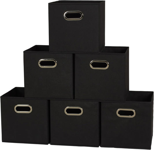 Household Essentials Foldable Fabric Storage Cubes 6-Pack – 11x11x11 Stackable Non-Woven Bins with Chipboard Sides & Grommet Handles – Closet, Shelf, Nursery, or Office Organizer – Black