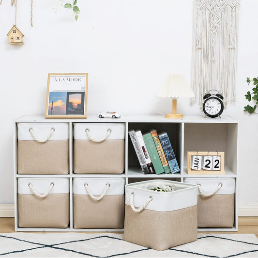 11 x 11 Inch Cube Storage Bins, 6 Pack Large Collapsible Fabric Storage Bin with Ropes, Foldable Storage Cubes for Home, Office,Closet, Clothes, Toys Organizer (White & Beige-11"x11"x11")