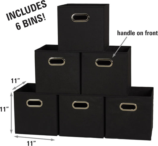 Household Essentials Foldable Fabric Storage Cubes 6-Pack – 11x11x11 Stackable Non-Woven Bins with Chipboard Sides & Grommet Handles – Closet, Shelf, Nursery, or Office Organizer – Black