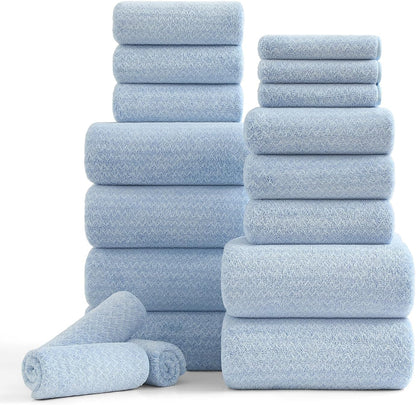 18 Piece Bath Towels Set,100% Microfiber Family Bathroom Towel with Hanging Loops-6 Bath Towels,6 Hand Towels,6 Washcloths,Quick Dry Highly Absorbent Shower Towel for Bathroom,Hotel,Spa-Turquoise