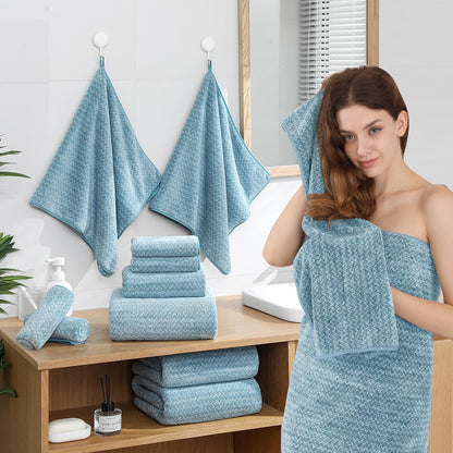 18 Piece Bath Towels Set,100% Microfiber Family Bathroom Towel with Hanging Loops-6 Bath Towels,6 Hand Towels,6 Washcloths,Quick Dry Highly Absorbent Shower Towel for Bathroom,Hotel,Spa-Turquoise