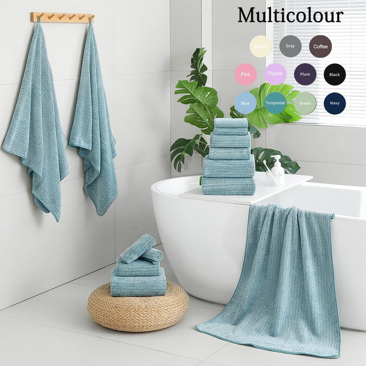 18 Piece Bath Towels Set,100% Microfiber Family Bathroom Towel with Hanging Loops-6 Bath Towels,6 Hand Towels,6 Washcloths,Quick Dry Highly Absorbent Shower Towel for Bathroom,Hotel,Spa-Turquoise