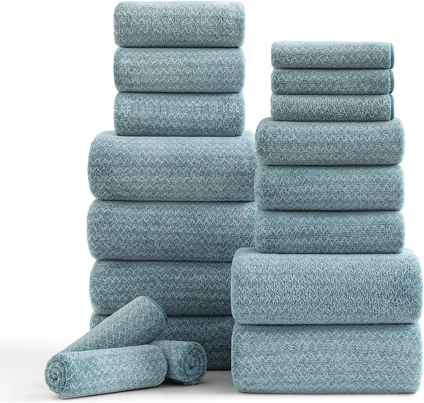 18 Piece Bath Towels Set,100% Microfiber Family Bathroom Towel with Hanging Loops-6 Bath Towels,6 Hand Towels,6 Washcloths,Quick Dry Highly Absorbent Shower Towel for Bathroom,Hotel,Spa-Turquoise