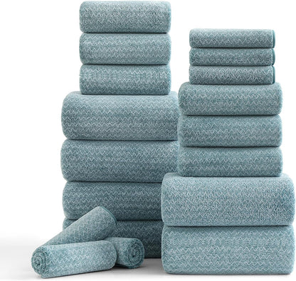 18 Piece Bath Towels Set,100% Microfiber Family Bathroom Towel with Hanging Loops-6 Bath Towels,6 Hand Towels,6 Washcloths,Quick Dry Highly Absorbent Shower Towel for Bathroom,Hotel,Spa-Turquoise