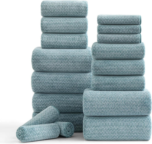 18 Piece Bath Towels Set,100% Microfiber Family Bathroom Towel with Hanging Loops-6 Bath Towels,6 Hand Towels,6 Washcloths,Quick Dry Highly Absorbent Shower Towel for Bathroom,Hotel,Spa-Turquoise